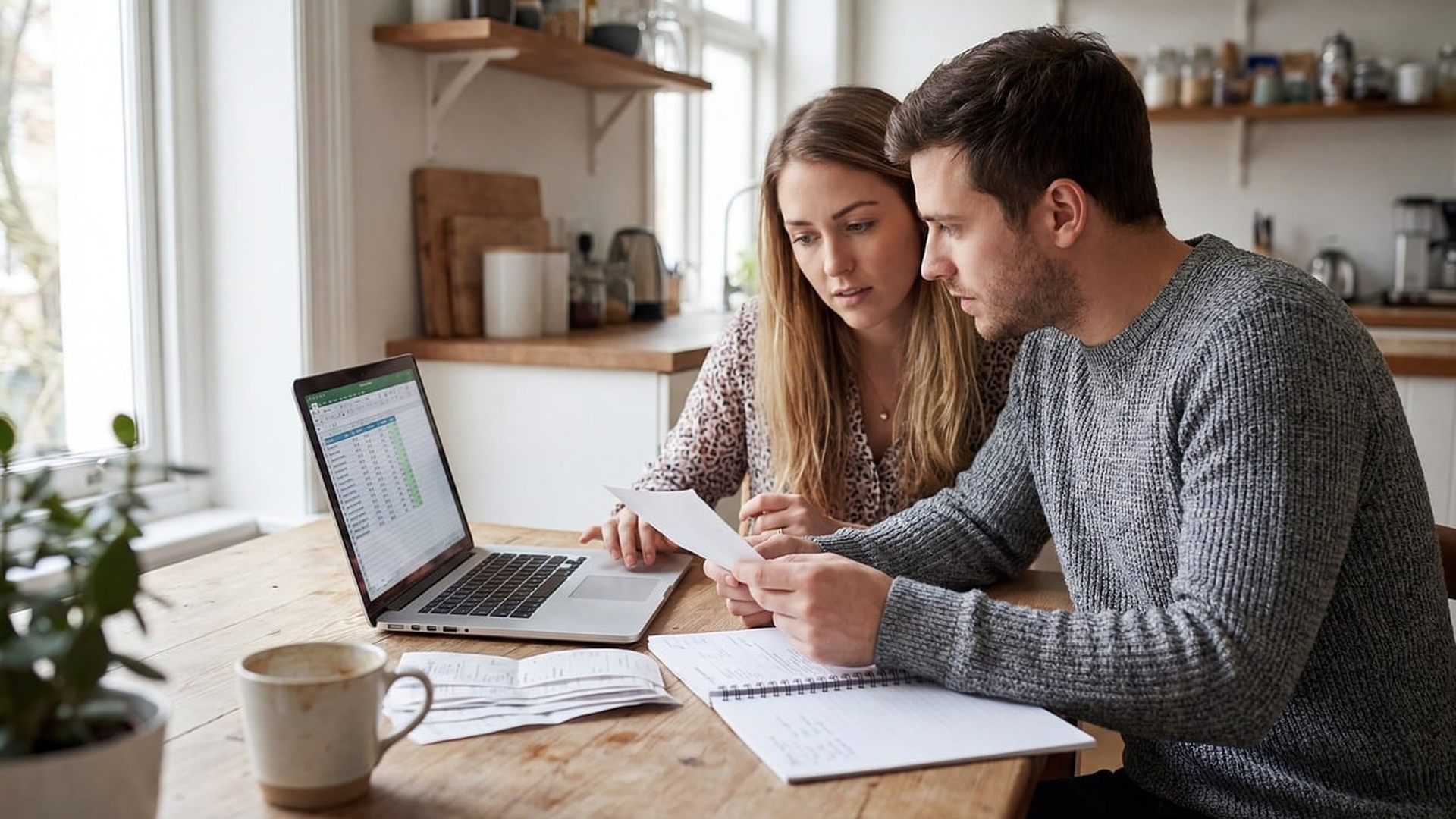 Couple at a kitchen table reviewing financial documents and a budget on a laptop