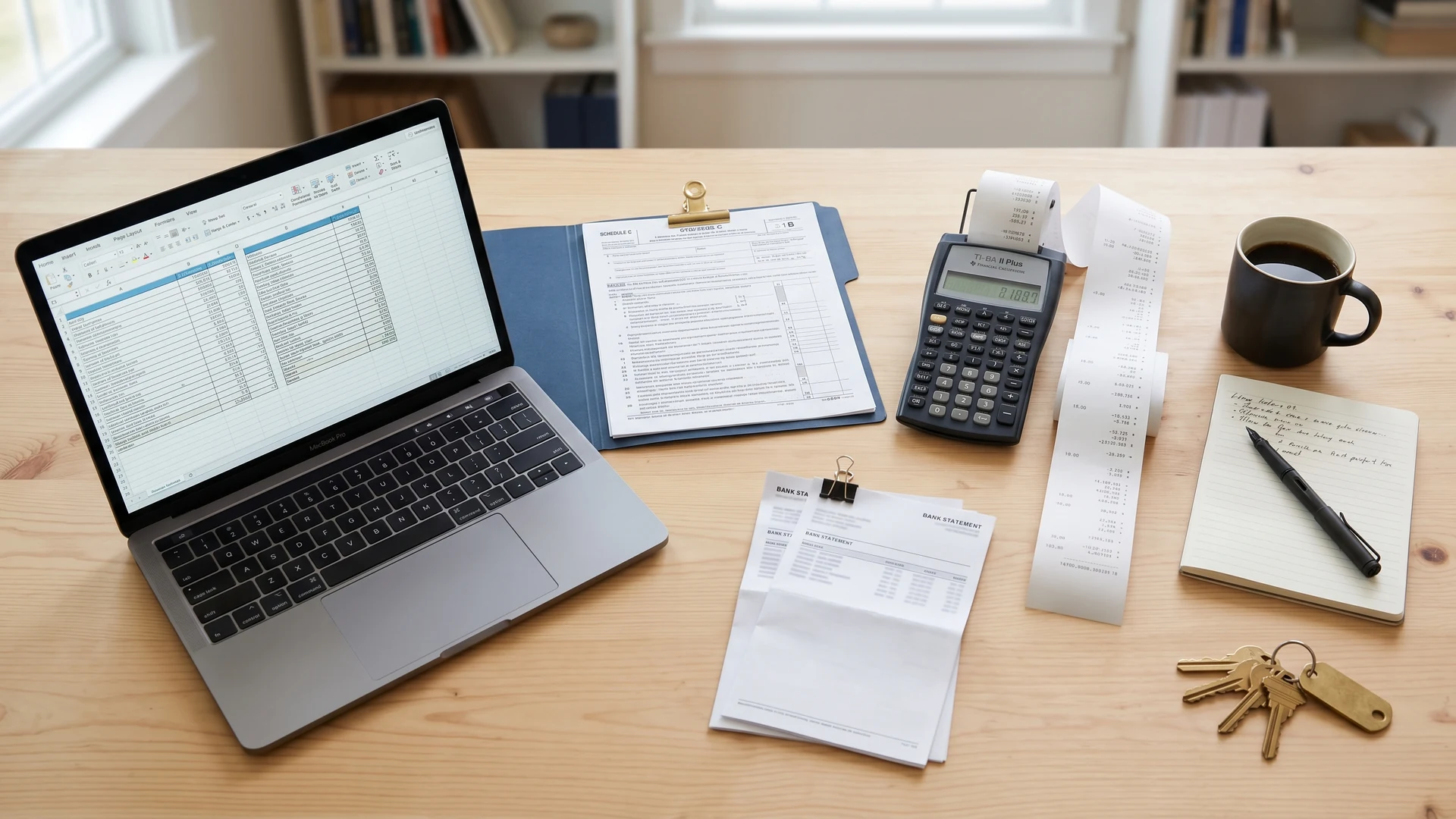 A self-employed buyer's mortgage planning desk with a tax-style form, a calculator with a paper-tape result, and house keys