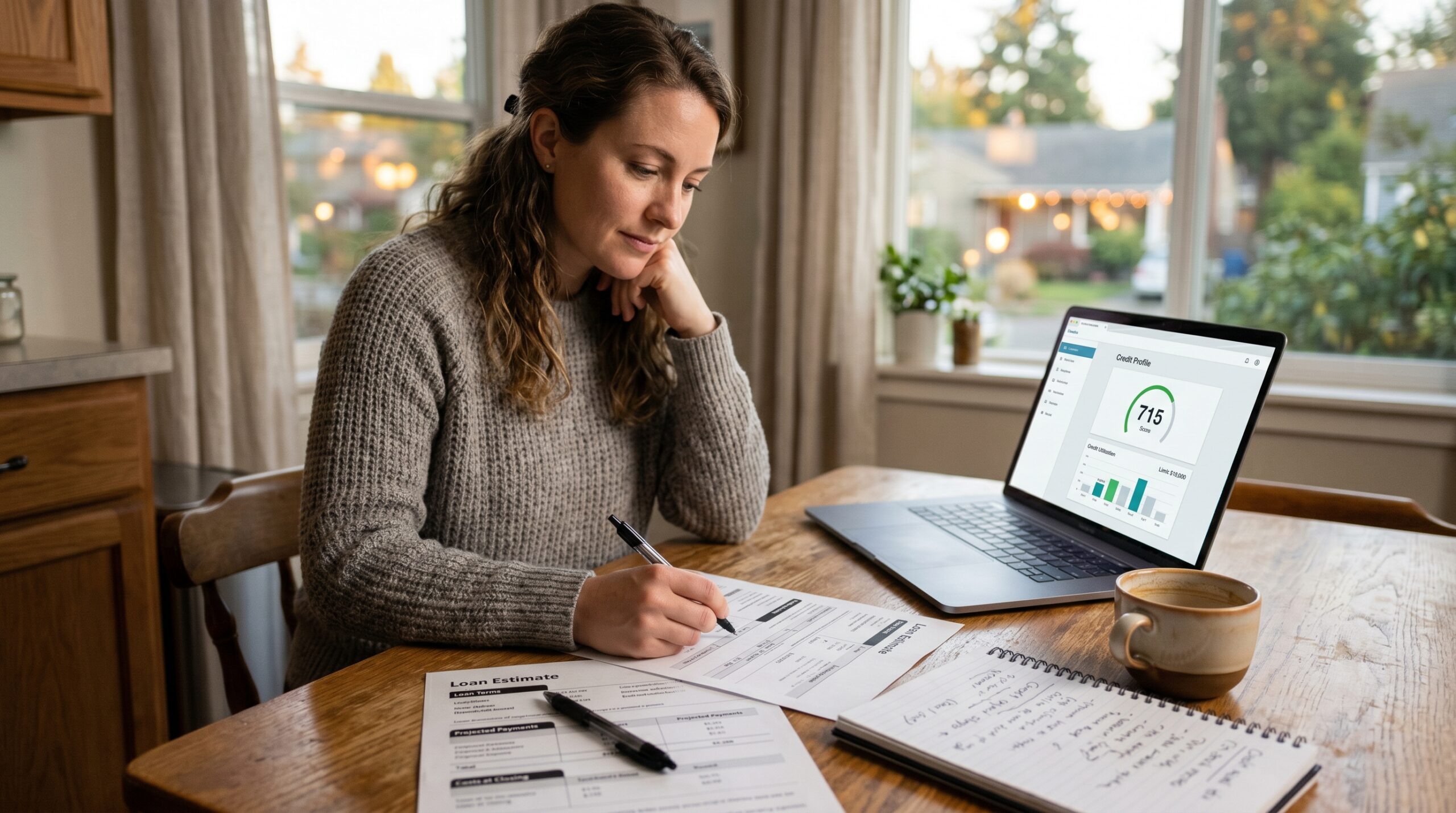 Homebuyer at a kitchen table reviewing a credit score dashboard on a laptop next to a printed Loan Estimate document and handwritten notes.