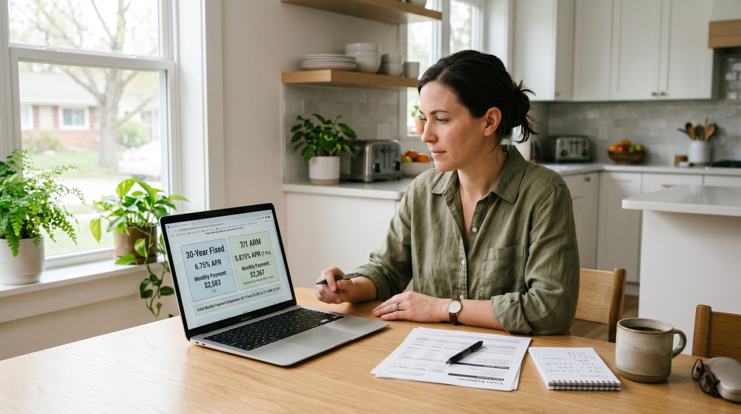 Home image by Fellowship Home Loans Homebuyer comparing a 30-year fixed quote to a 7/1 ARM quote on a laptop next to a printed Loan Estimate