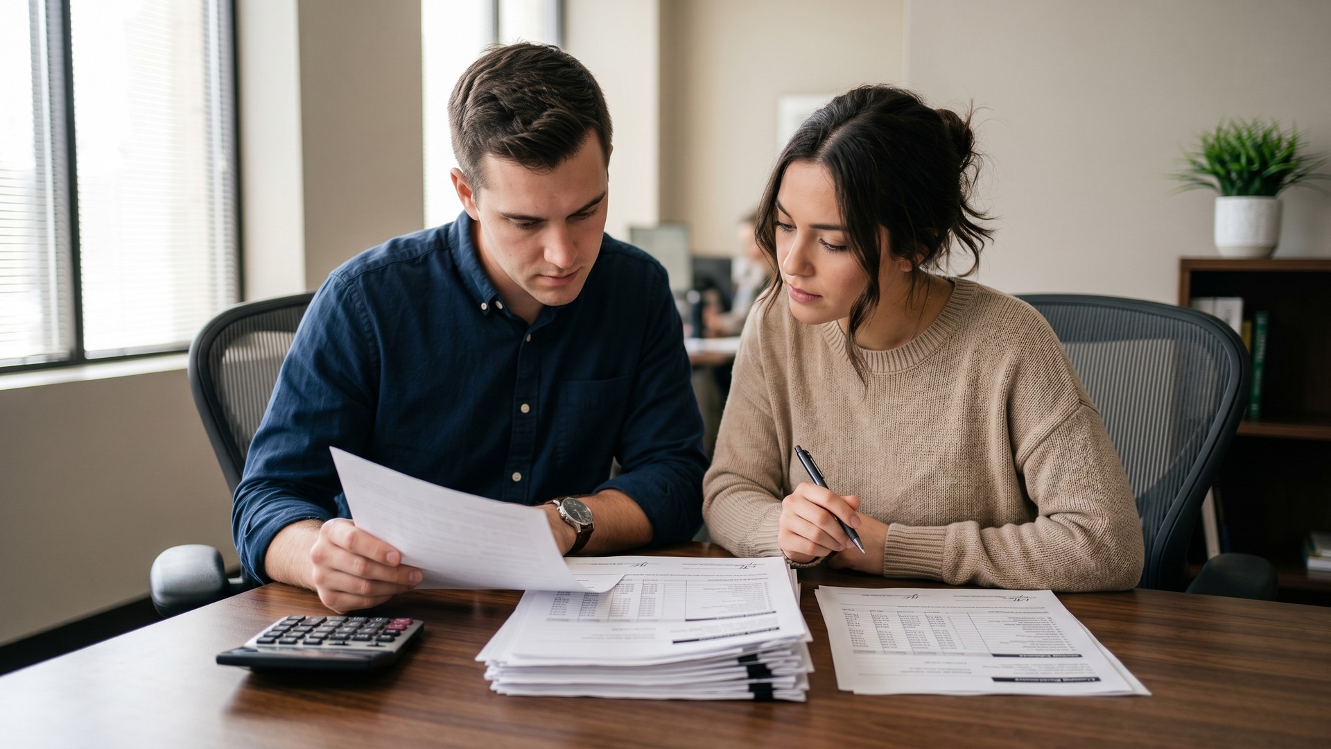 Couple reviewing mortgage closing documents at a wood conference table.