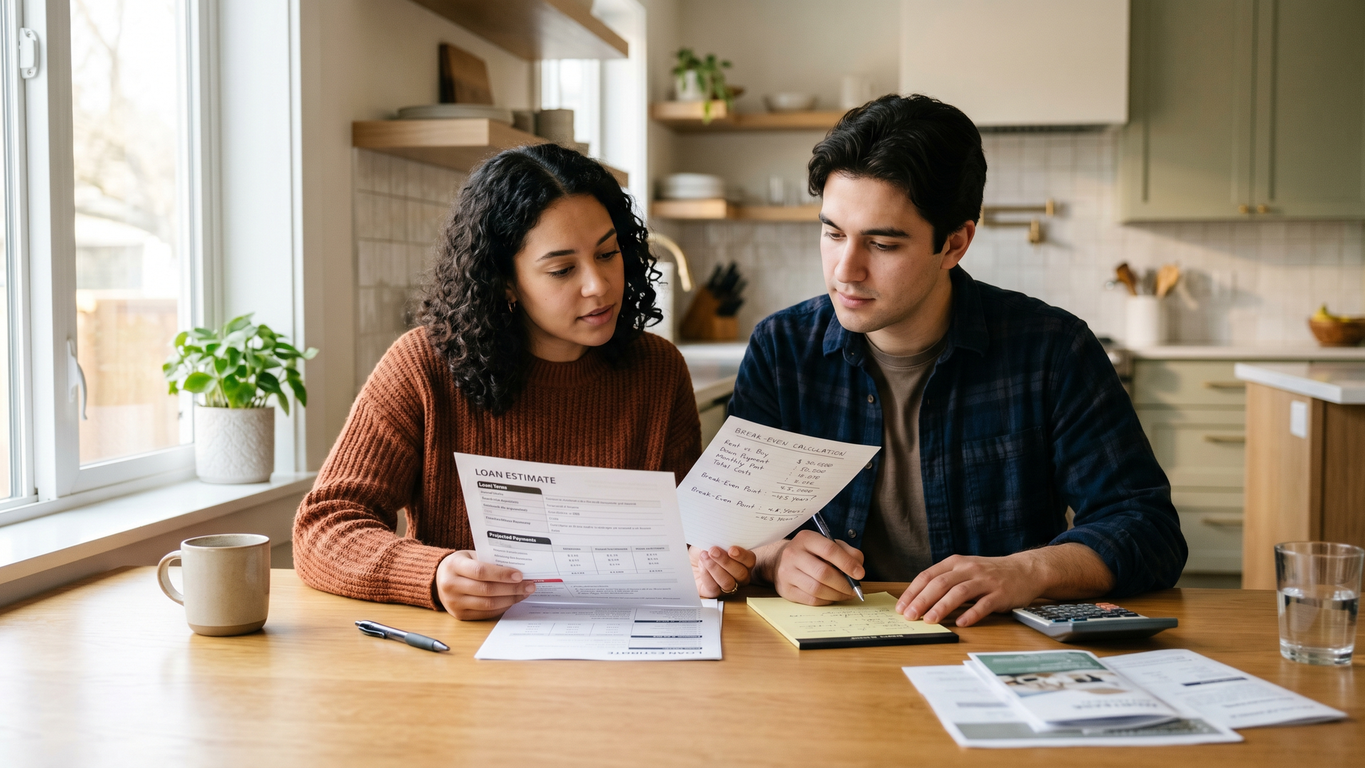 Homebuyer couple at a kitchen table reviewing a Loan Estimate document with a calculator and handwritten break-even math