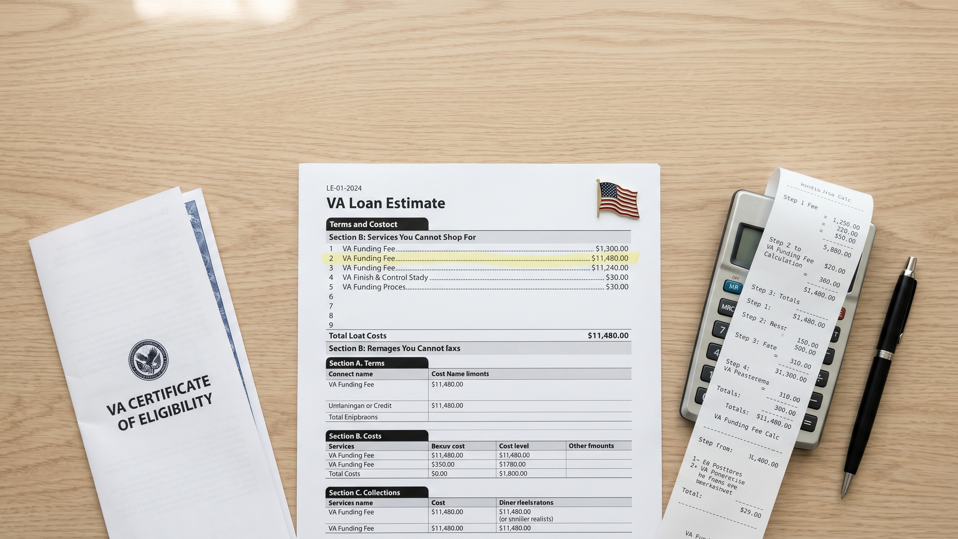 VA loan estimate with the funding-fee line highlighted next to a calculator, a Certificate of Eligibility, and a small American flag pin